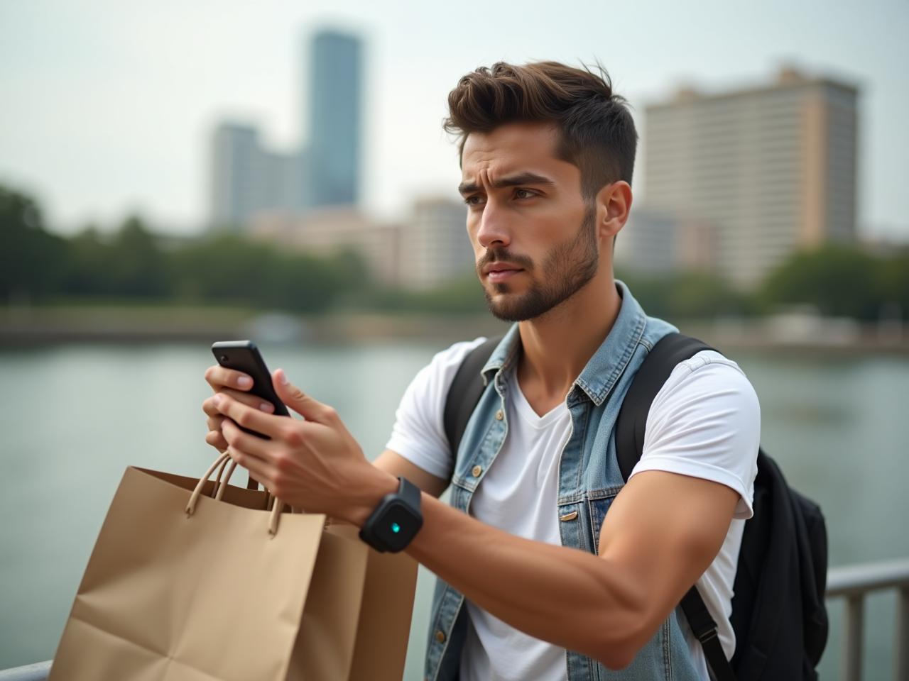 A person looking skeptically at a fitness tracker while holding grocery bags, with a cityscape in the background.