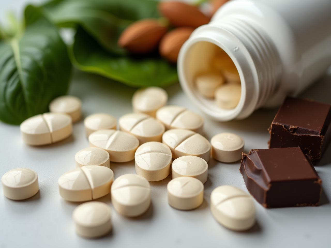 A close-up shot of various magnesium supplement pills and capsules, alongside natural magnesium-rich foods like spinach, almonds, and dark chocolate.
