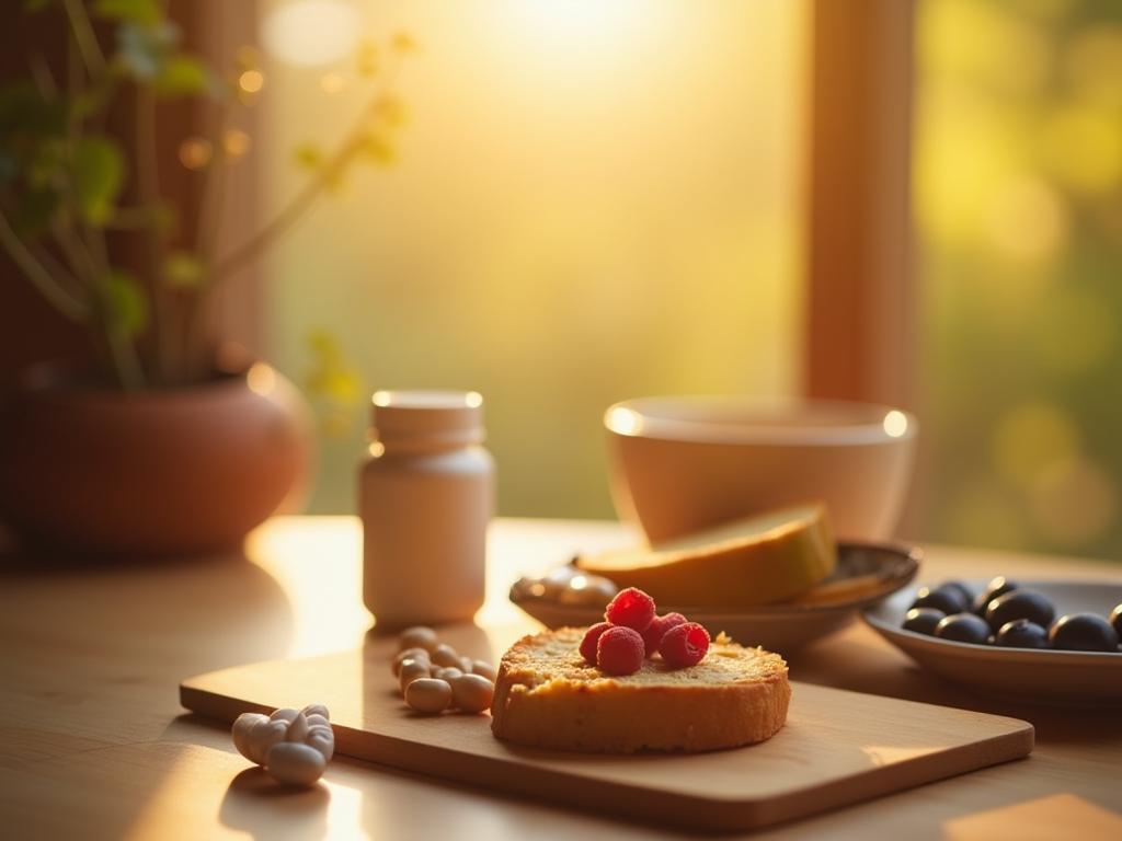 A person taking a vitamin D supplement in the morning with a healthy breakfast.