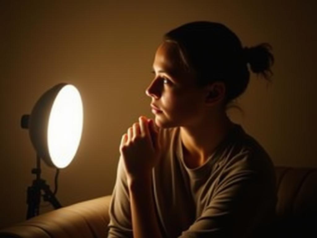 A photo of a person sitting in front of a light therapy lamp with a thoughtful expression.