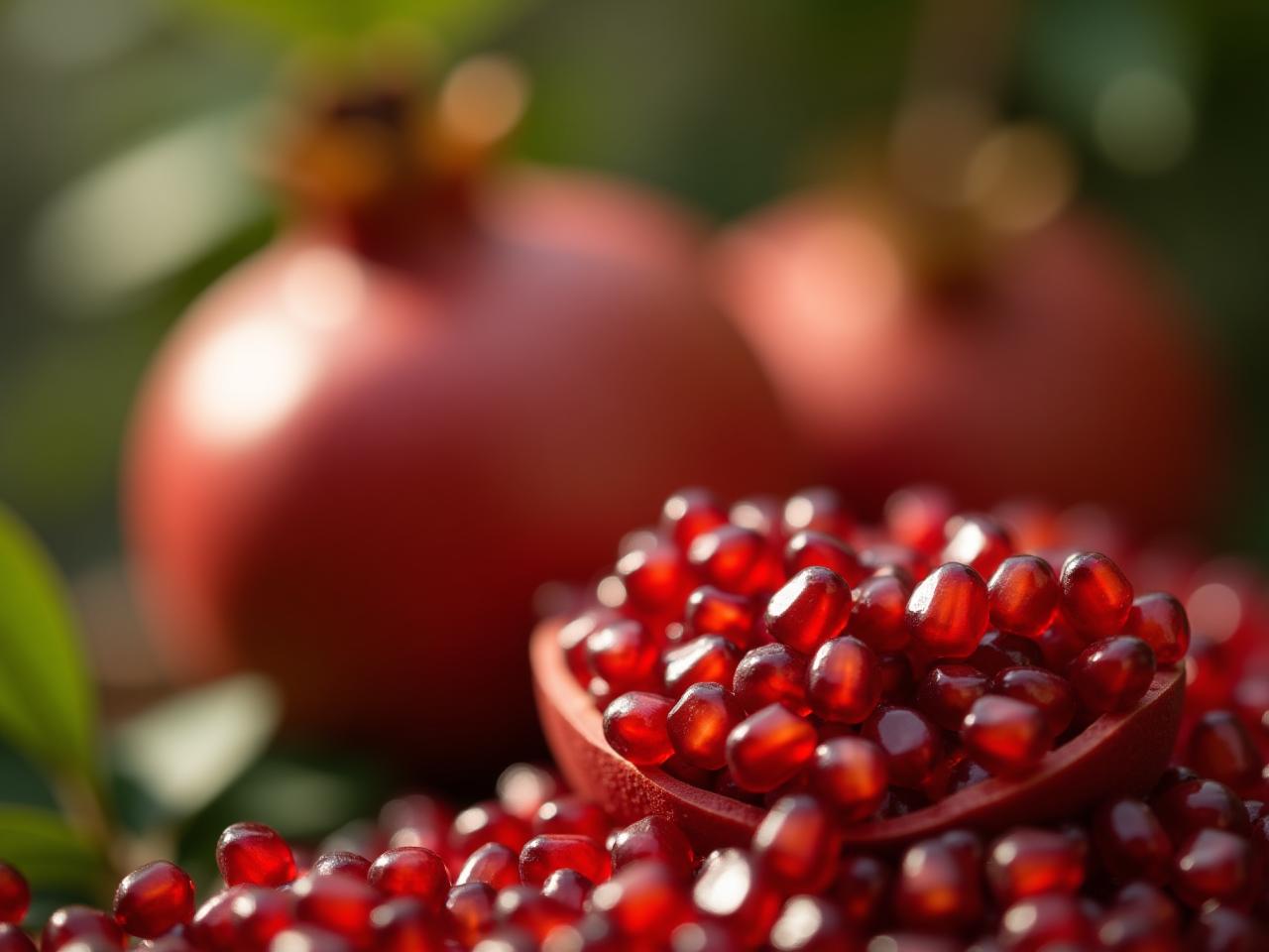 A close-up shot of pomegranate seeds with a blurred background of pomegranate fruit on a tree.