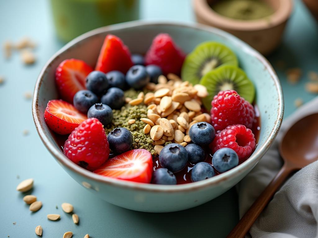 A vibrant and colorful breakfast bowl filled with berries, nuts, seeds, and a side of green matcha tea, symbolizing a healthy and anti-aging morning routine.