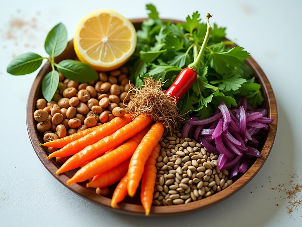 A colorful vegan meal with vegetables, legumes, and seeds, symbolizing the importance of a balanced vegan diet.