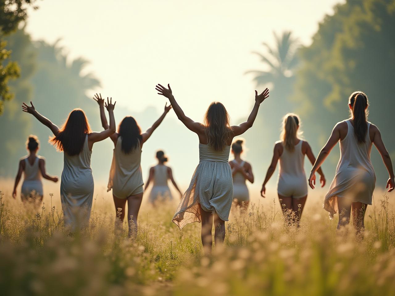 A diverse group of people moving naturally outdoors, engaged in activities like dancing, gardening, climbing, and walking, with a focus on fluid, unforced movements and connection to nature.