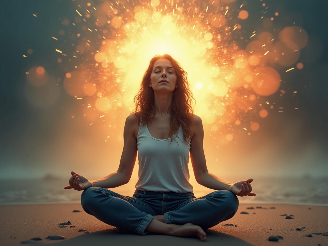 A person meditating, looking calm and serene, despite thoughts and emotions swirling around them.