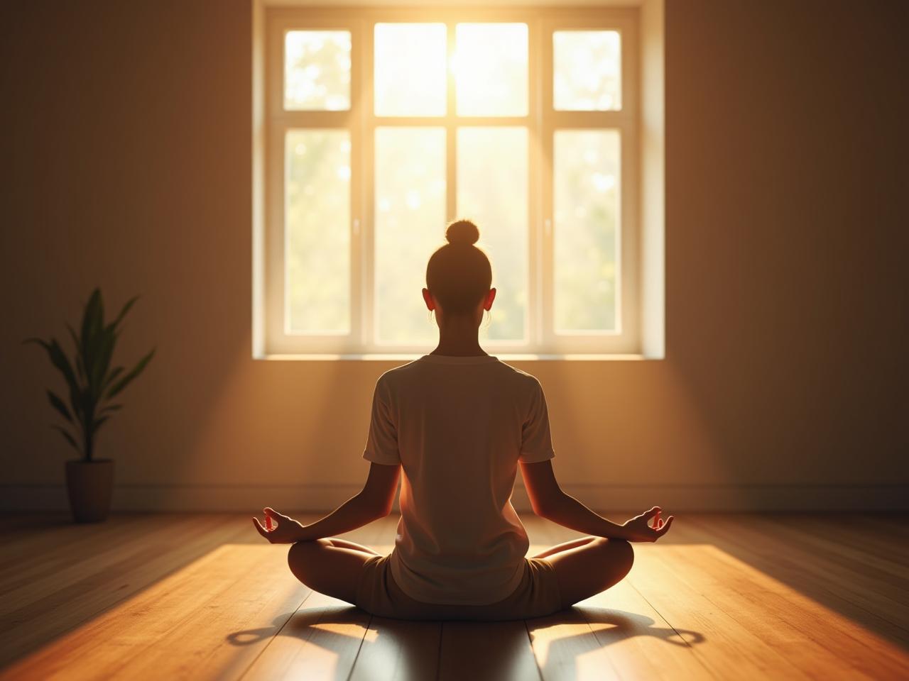 A person meditating in a quiet room, surrounded by natural light, with a single task in front of them.