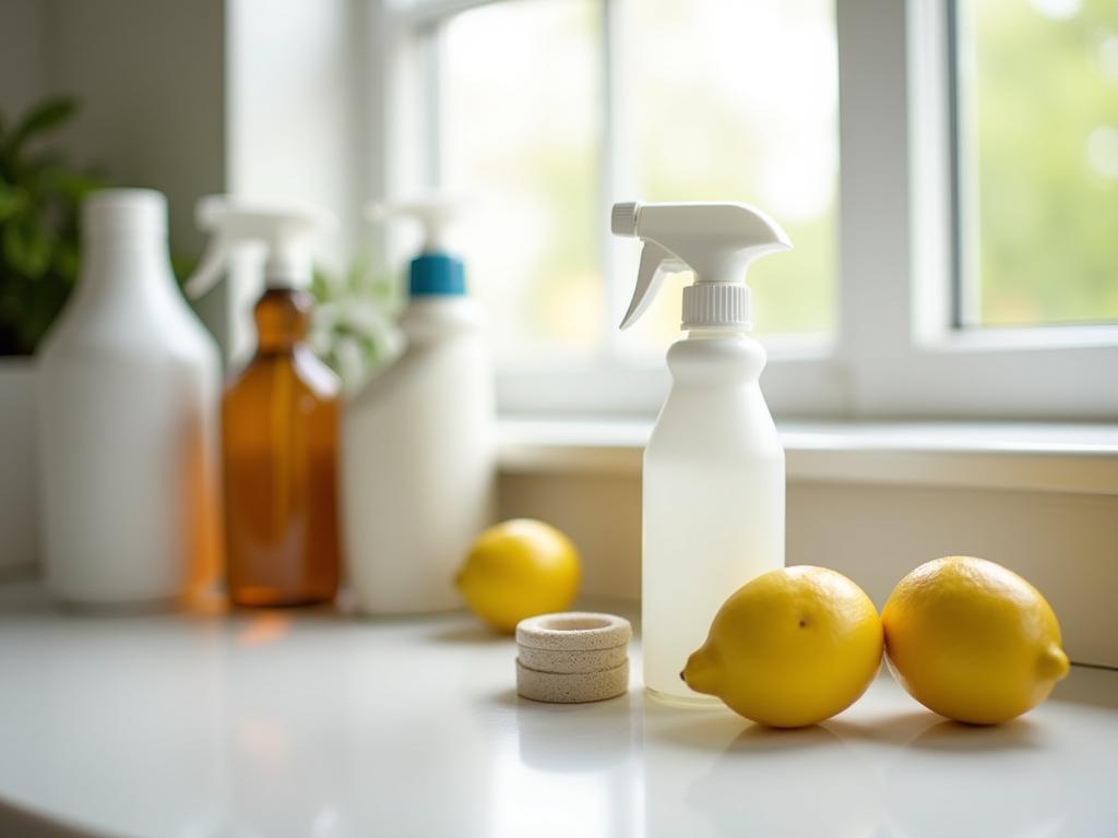 A clean kitchen with natural cleaning products like lemon, baking soda, and vinegar.