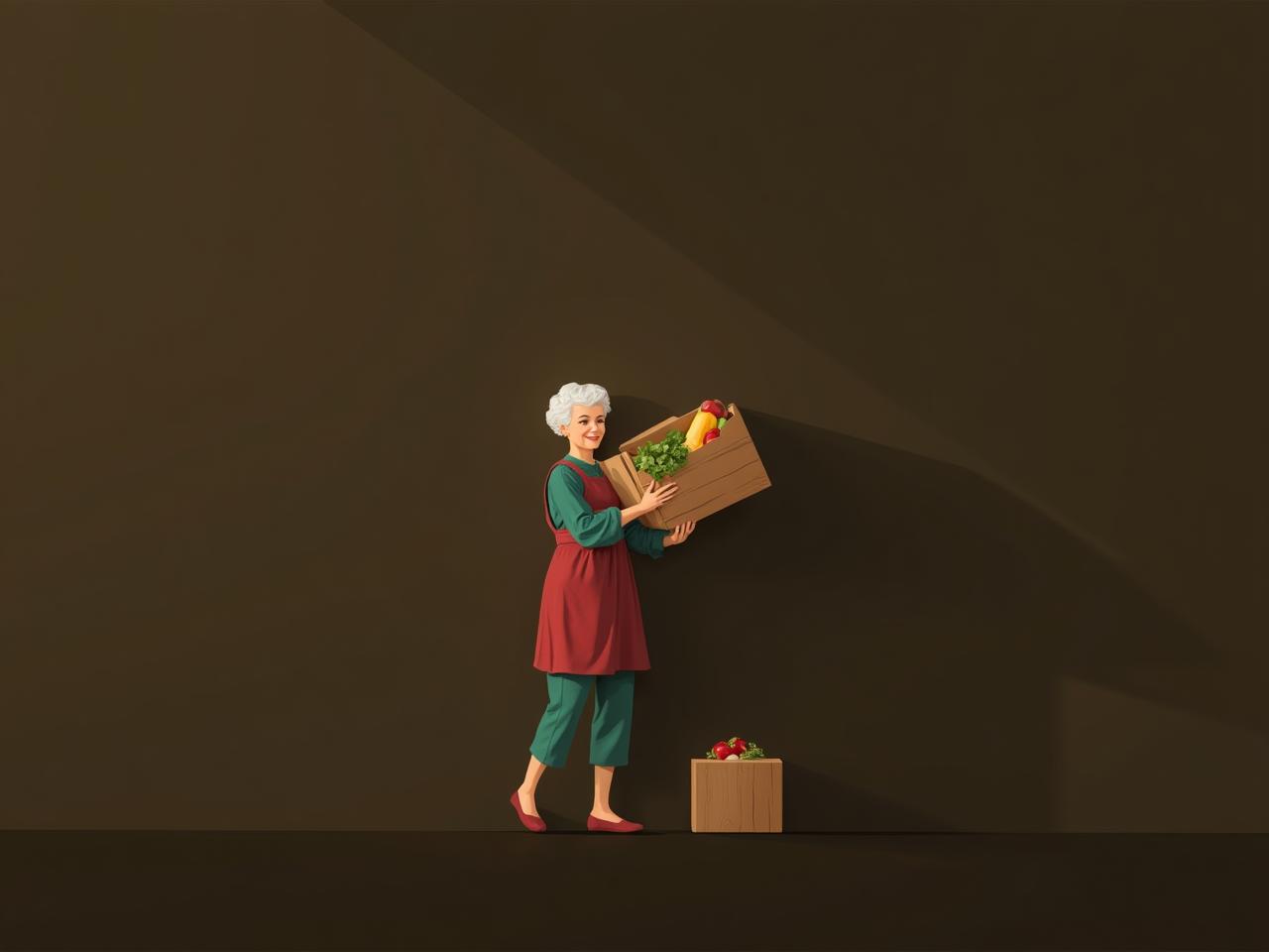 Elderly woman lifting groceries, symbolizing functional strength at an advanced age.