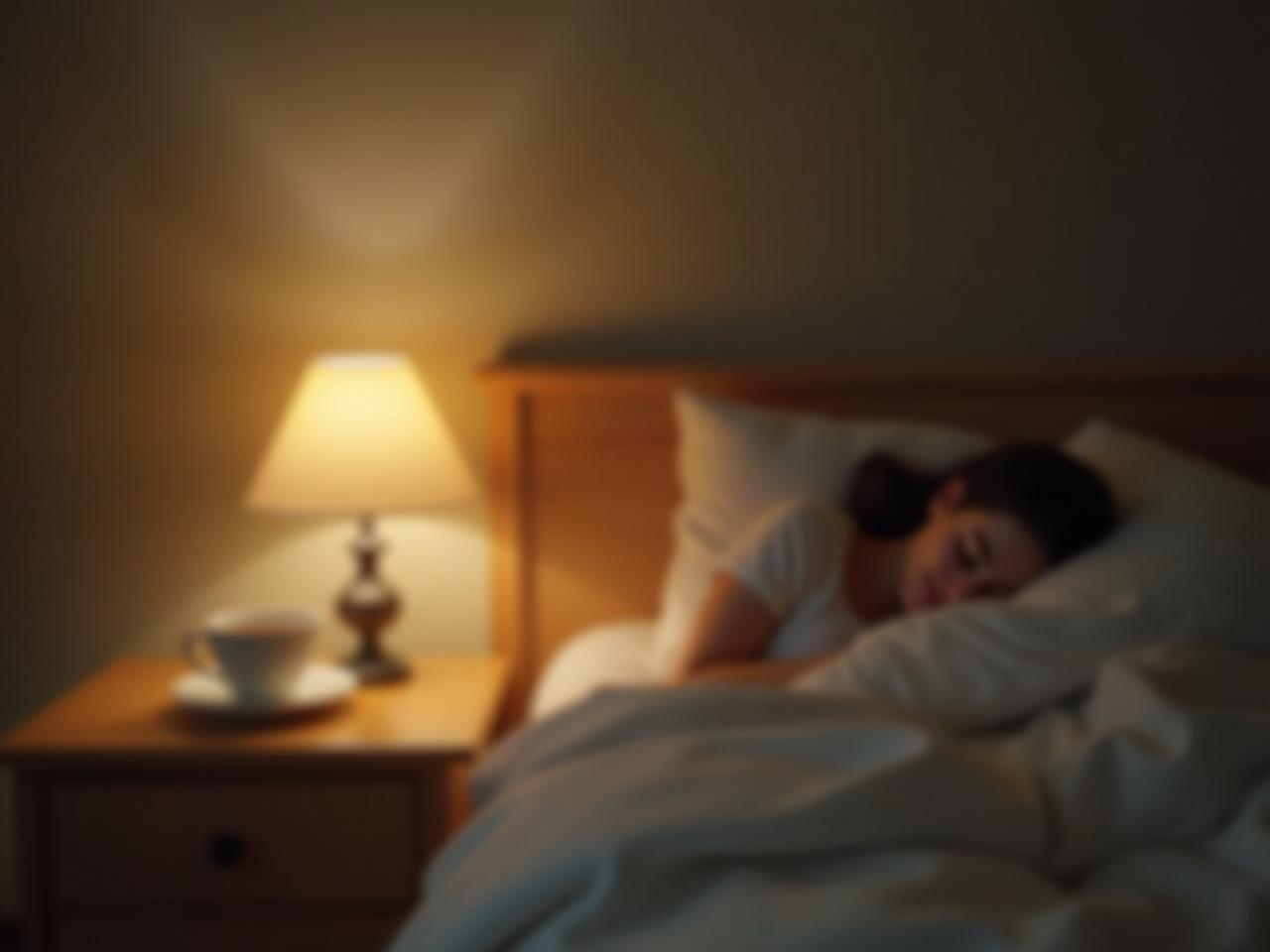 A cozy bedroom scene with soft lighting, a cup of chamomile tea on the nightstand, and a person peacefully sleeping in bed.