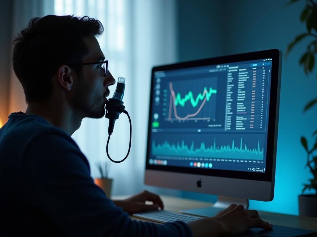 A person using a breathing device connected to a computer screen displaying data analysis.
