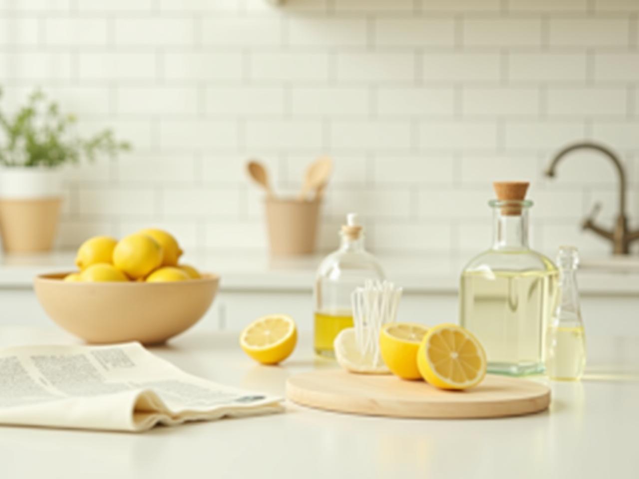 A bright and clean kitchen with lemons, baking soda, and vinegar displayed on the counter.