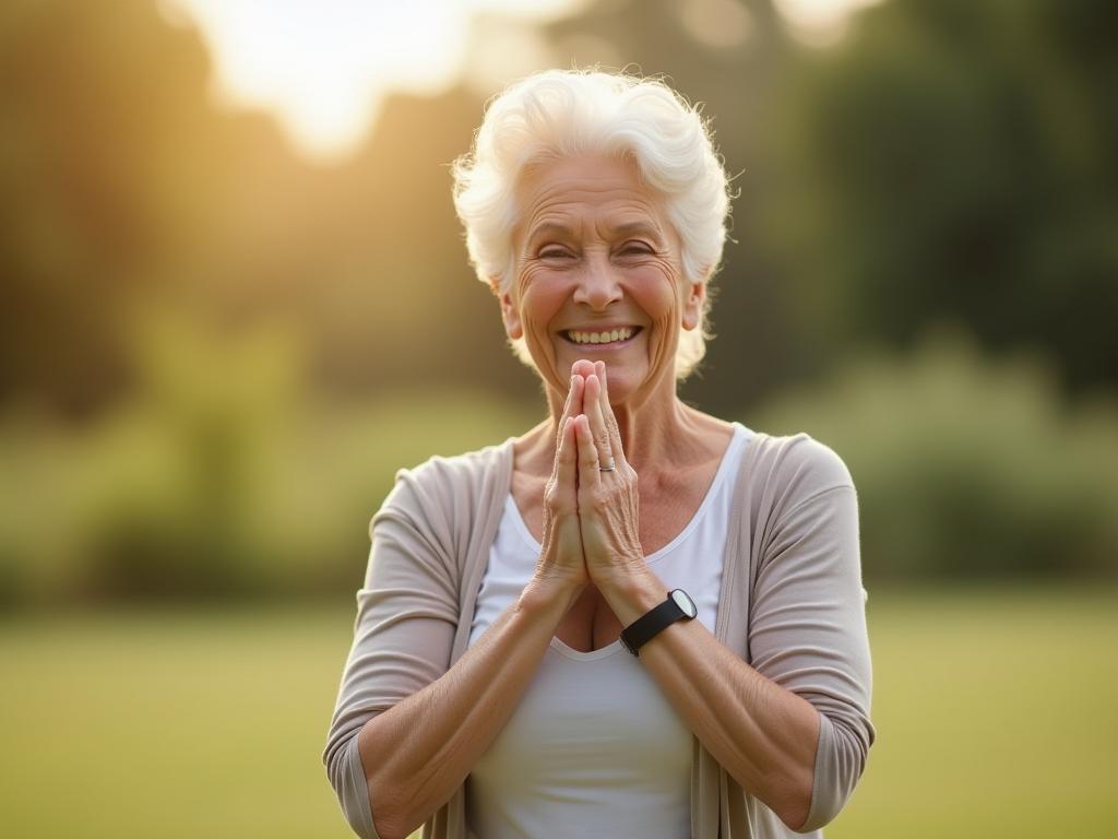 A senior Israeli woman practicing yoga outdoors, smiling and looking healthy.