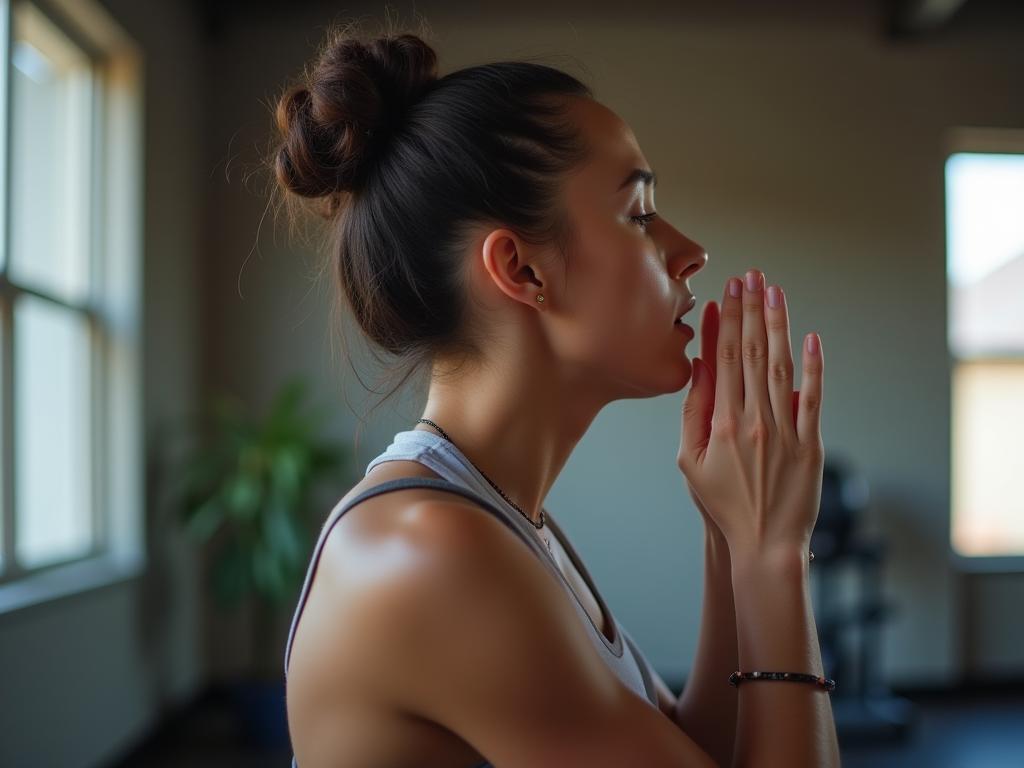 A person taking a deep breath during a workout, focusing on proper breathing technique.