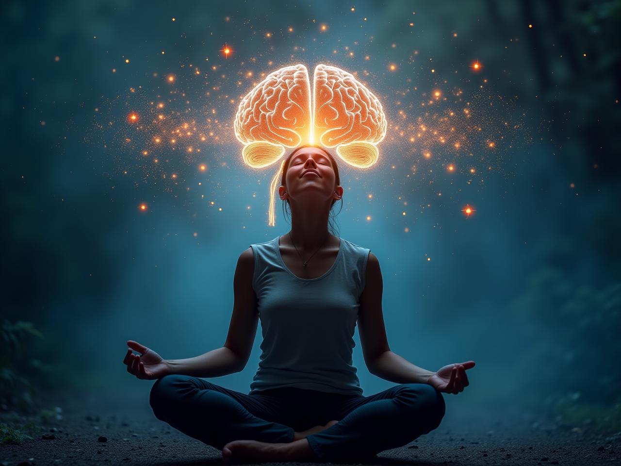 A person meditating with a peaceful expression, surrounded by brainwave patterns visualizing the effects of empathy.