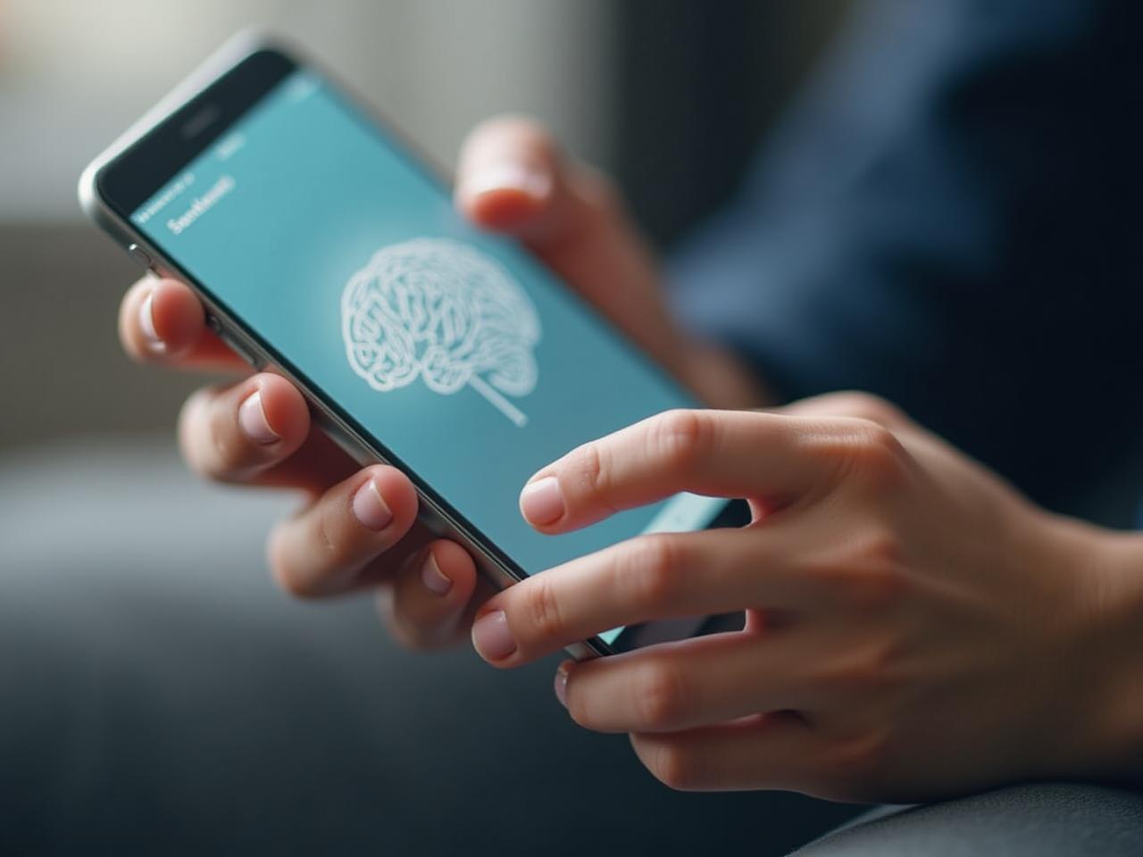A persons hands typing on a smartphone, with a brain-shaped graphic overlaying the screen, symbolizing the apps ability to analyze brain health through typing patterns.