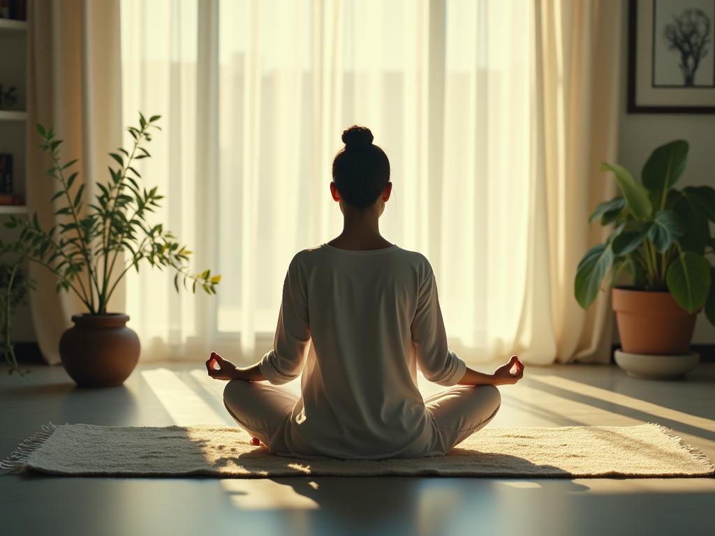 A person meditating peacefully in a serene environment, surrounded by calming colors and natural elements.