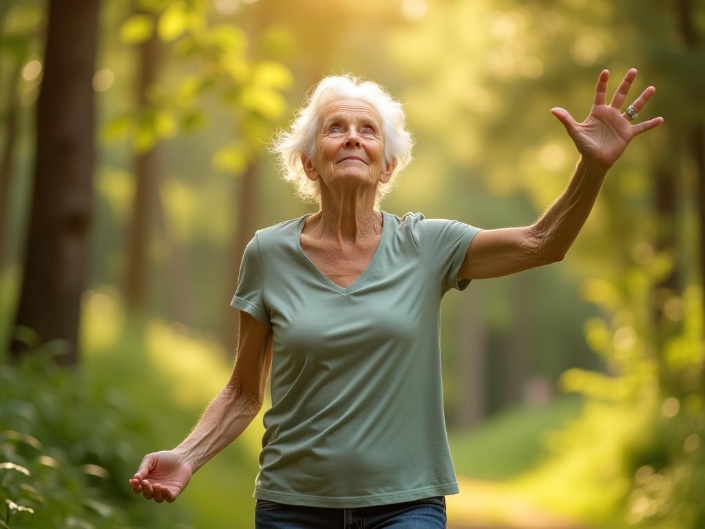 An elderly woman doing natural movements in nature, with a vibrant and energetic feel.