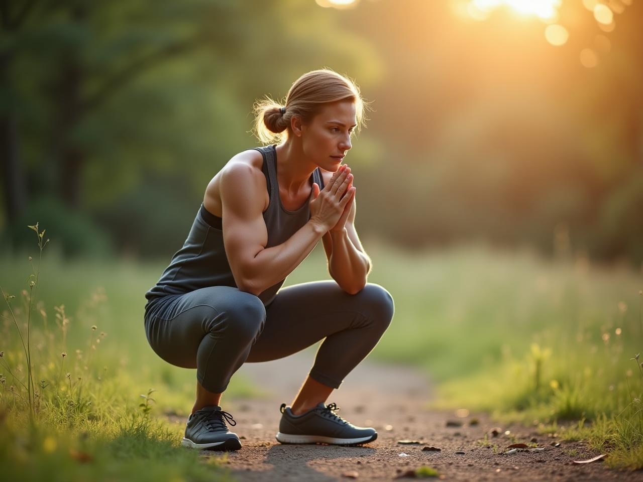 A person practicing a deep squat outdoors, connecting with nature and promoting natural movement.