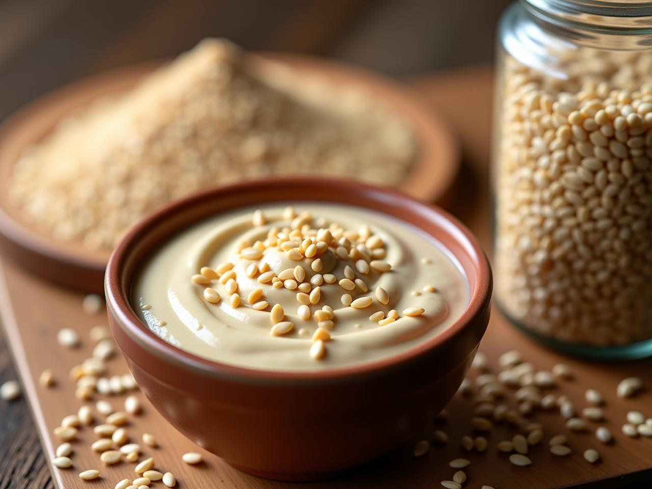 Close up of a bowl of tahini with sesame seeds sprinkled on top, next to a jar of whole sesame seeds.
