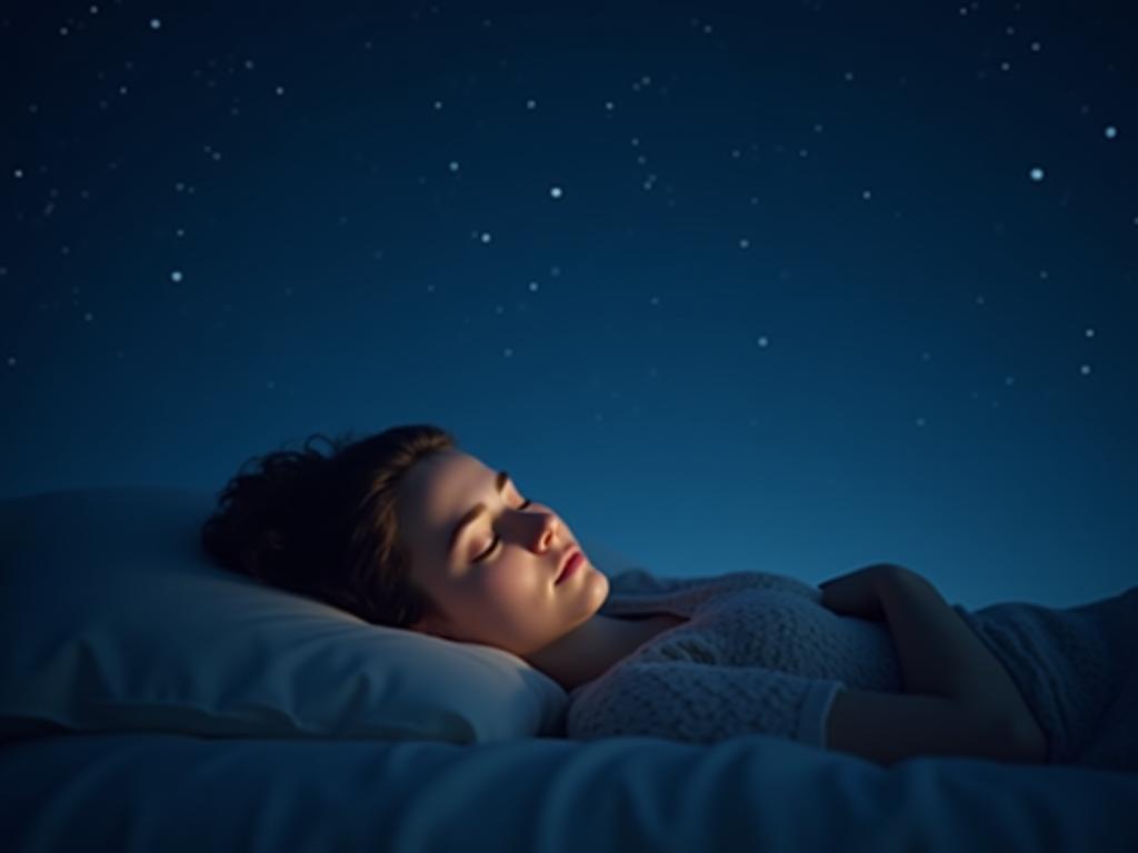 A serene image of a person sleeping peacefully under a starry night sky, with a soft glow illuminating their face.