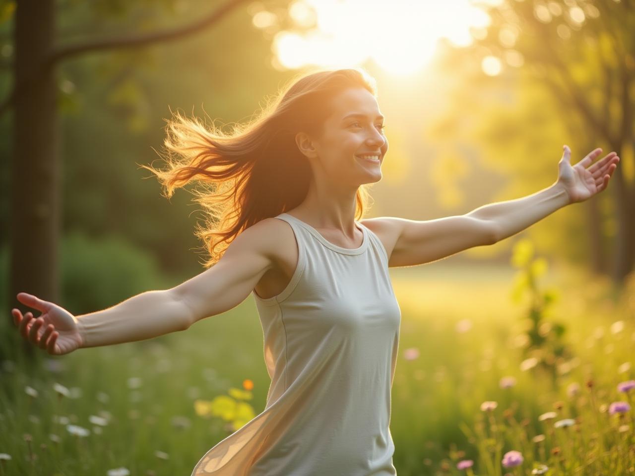A person moving freely in nature, connecting with their bodys natural movements.