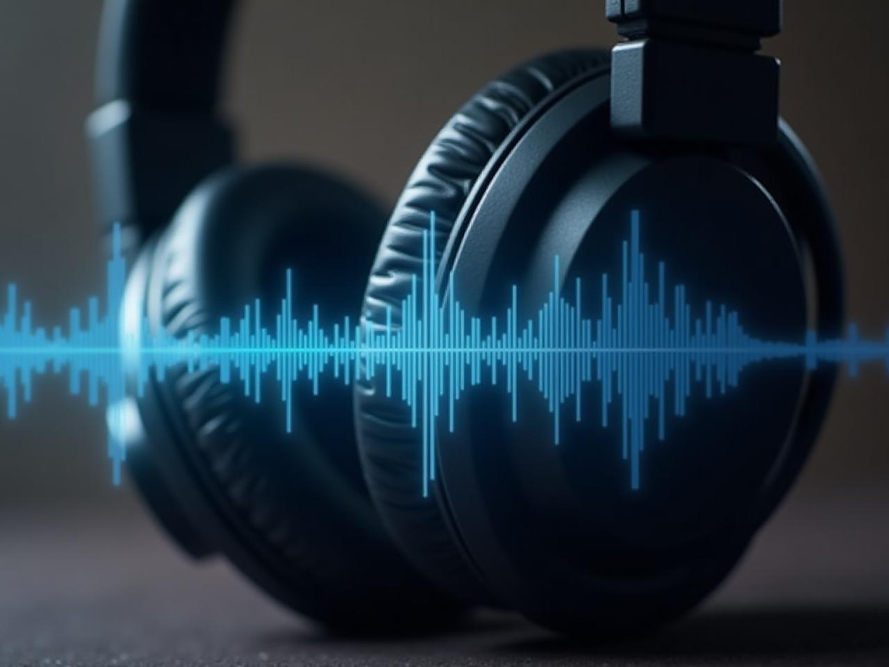 Close-up of headphones with sound waves visualization, representing the concept of 432Hz music affecting brainwaves and promoting relaxation.