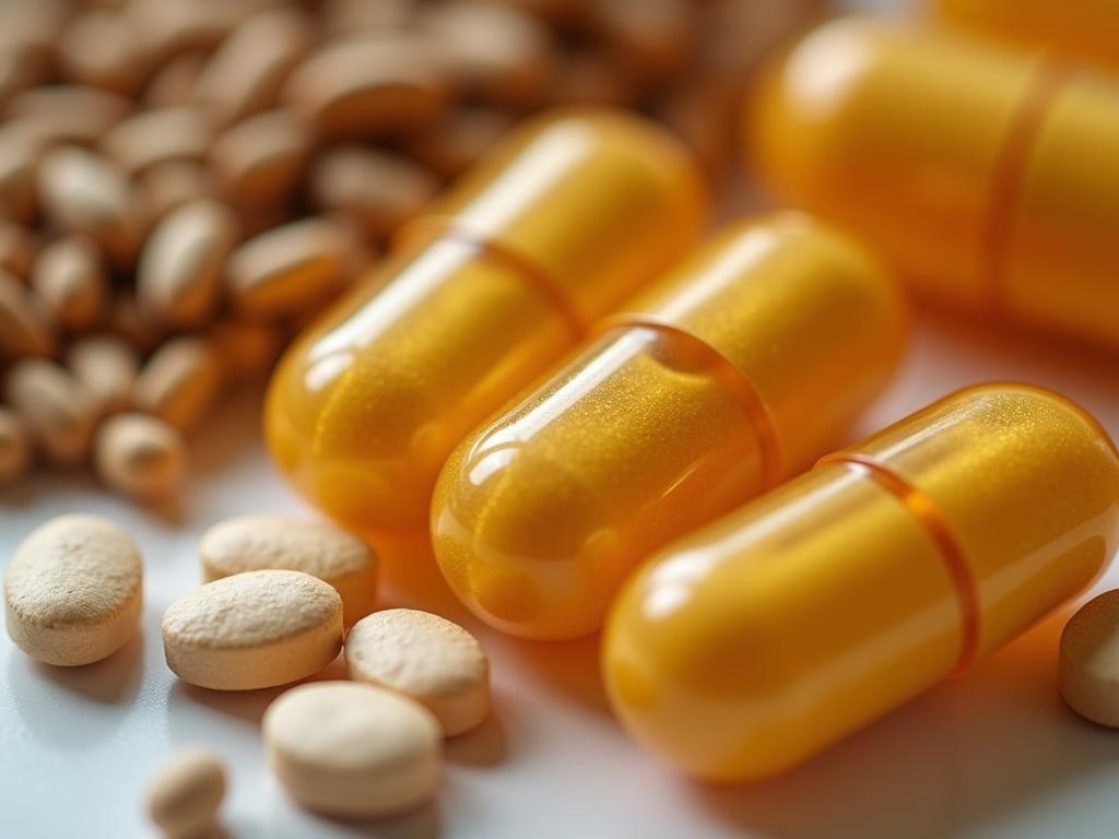 Close up of IP6 supplement capsules with whole grains in the background, representing natural sources of IP6.