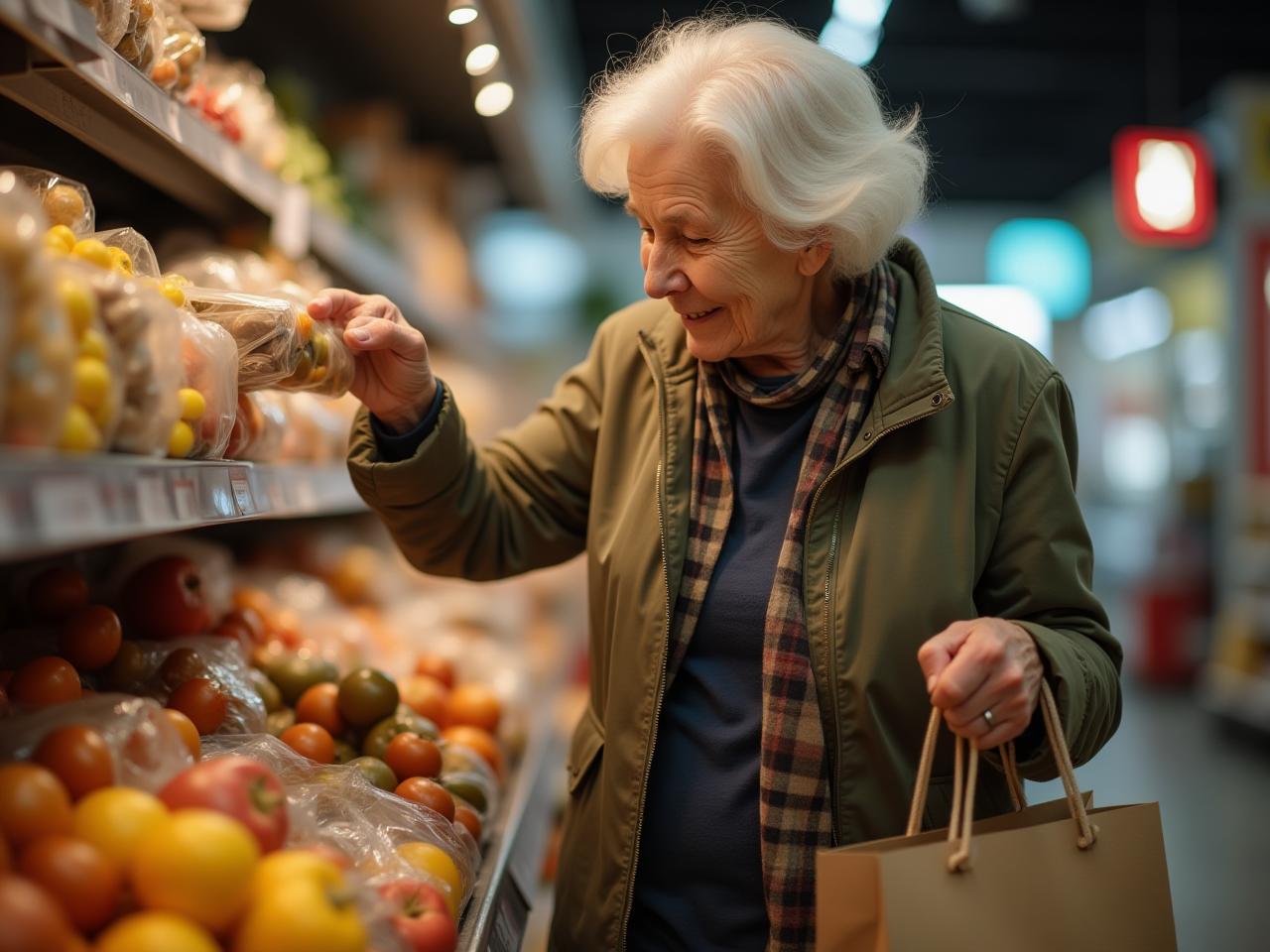 Elderly woman easily lifting a shopping bag in a market, symbolizing flexibility and mobility in old age.