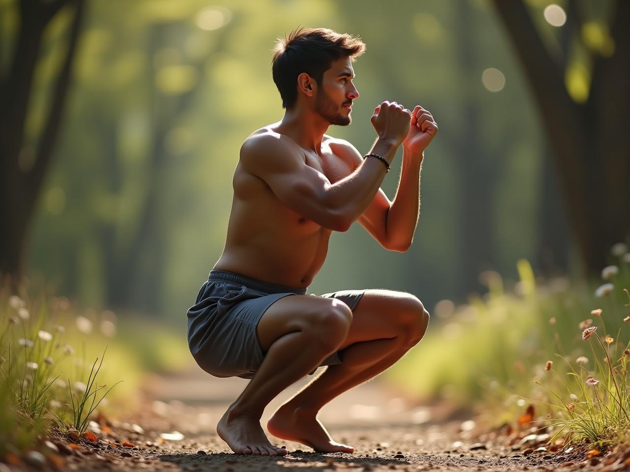 A person doing a squat outdoors in nature, demonstrating natural movement and strength.