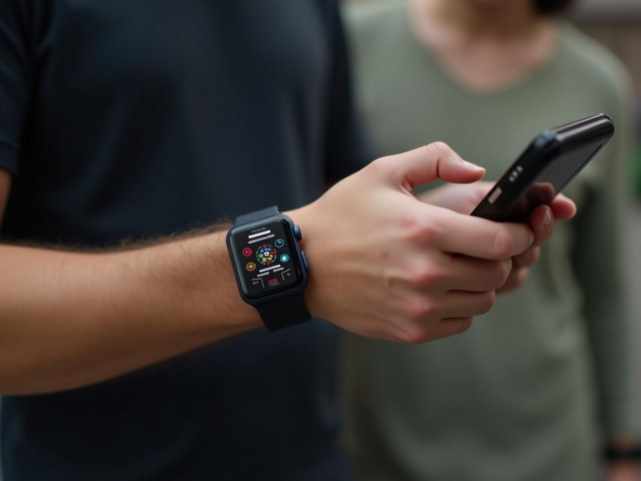 A person wearing a smartwatch and looking at data on their phone.