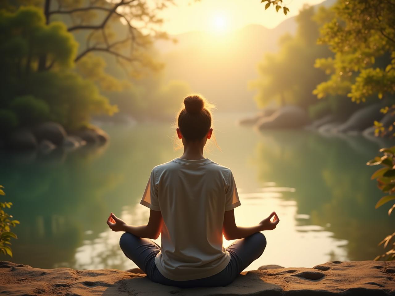 Person meditating in a peaceful setting.