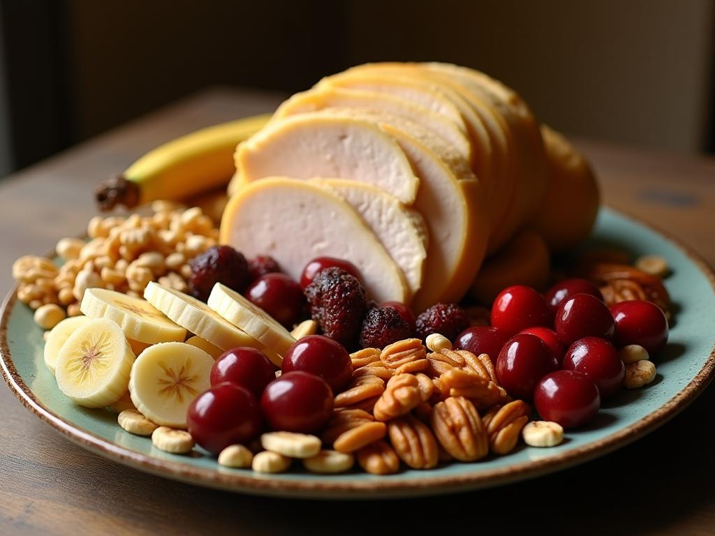 A plate of food containing foods rich in tryptophan and melatonin, such as turkey, nuts, cherries, and bananas, arranged in a visually appealing way.