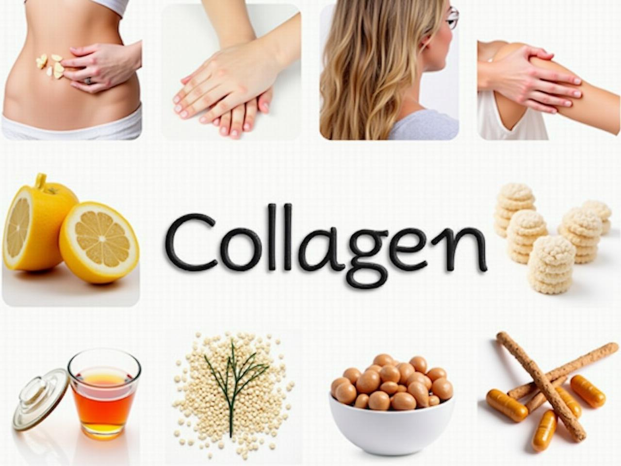 Collage of different images related to collagen, including skin, hair, joints, supplements, and healthy food.