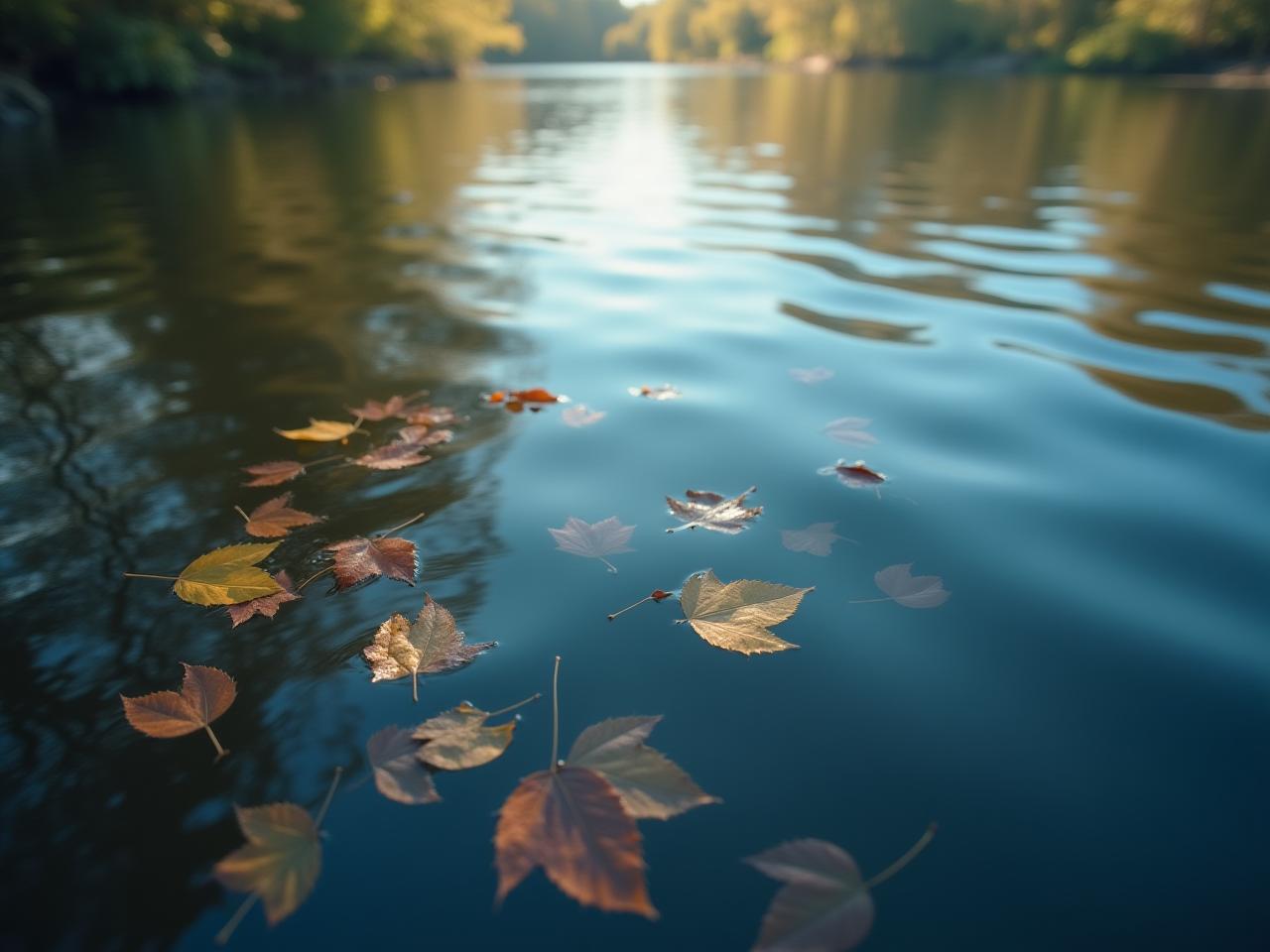 An image of a calm lake with leaves floating on the surface, representing emotions flowing freely.