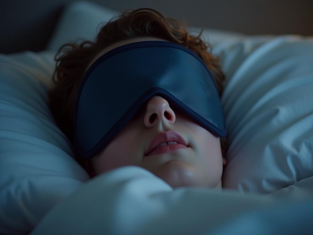 A person wearing a sleep mask in bed, with soft lighting in the background.