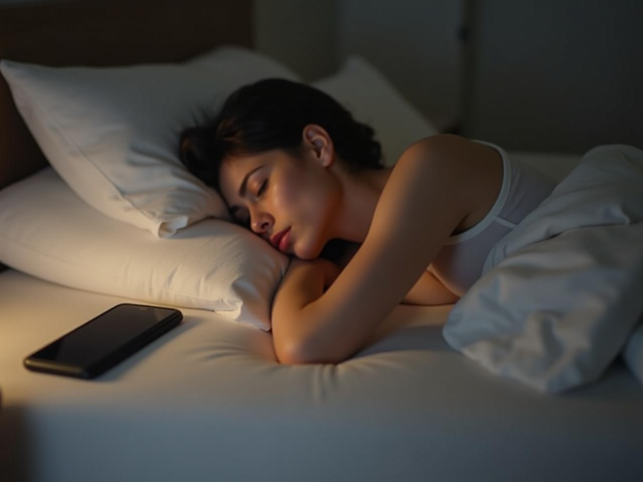 A person sleeping peacefully with a smartphone far away on a bedside table.