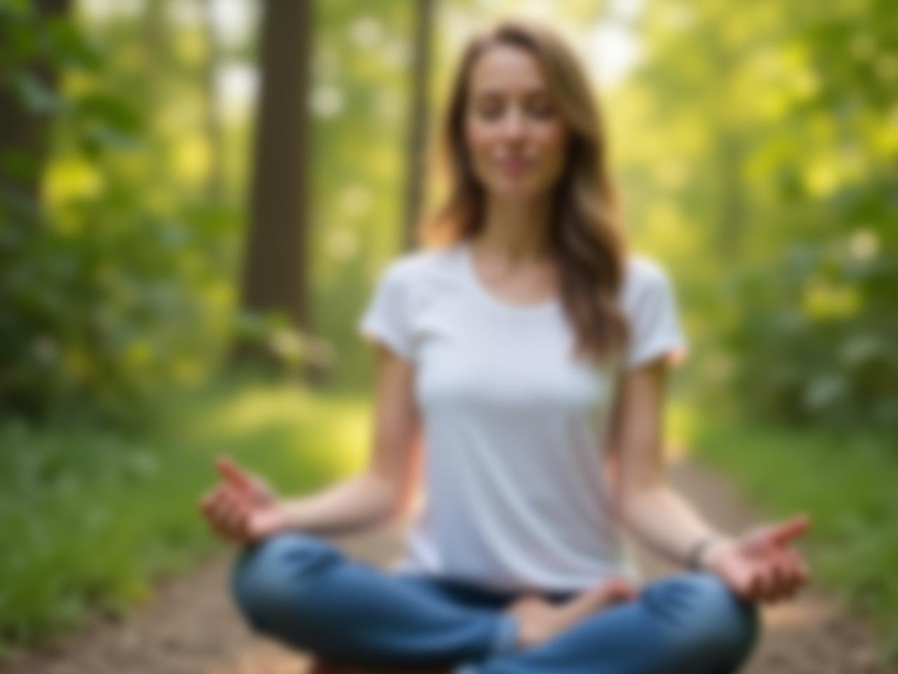 A person meditating in nature with a calm expression on their face. The background is blurred, focusing on the person and their peaceful state.
