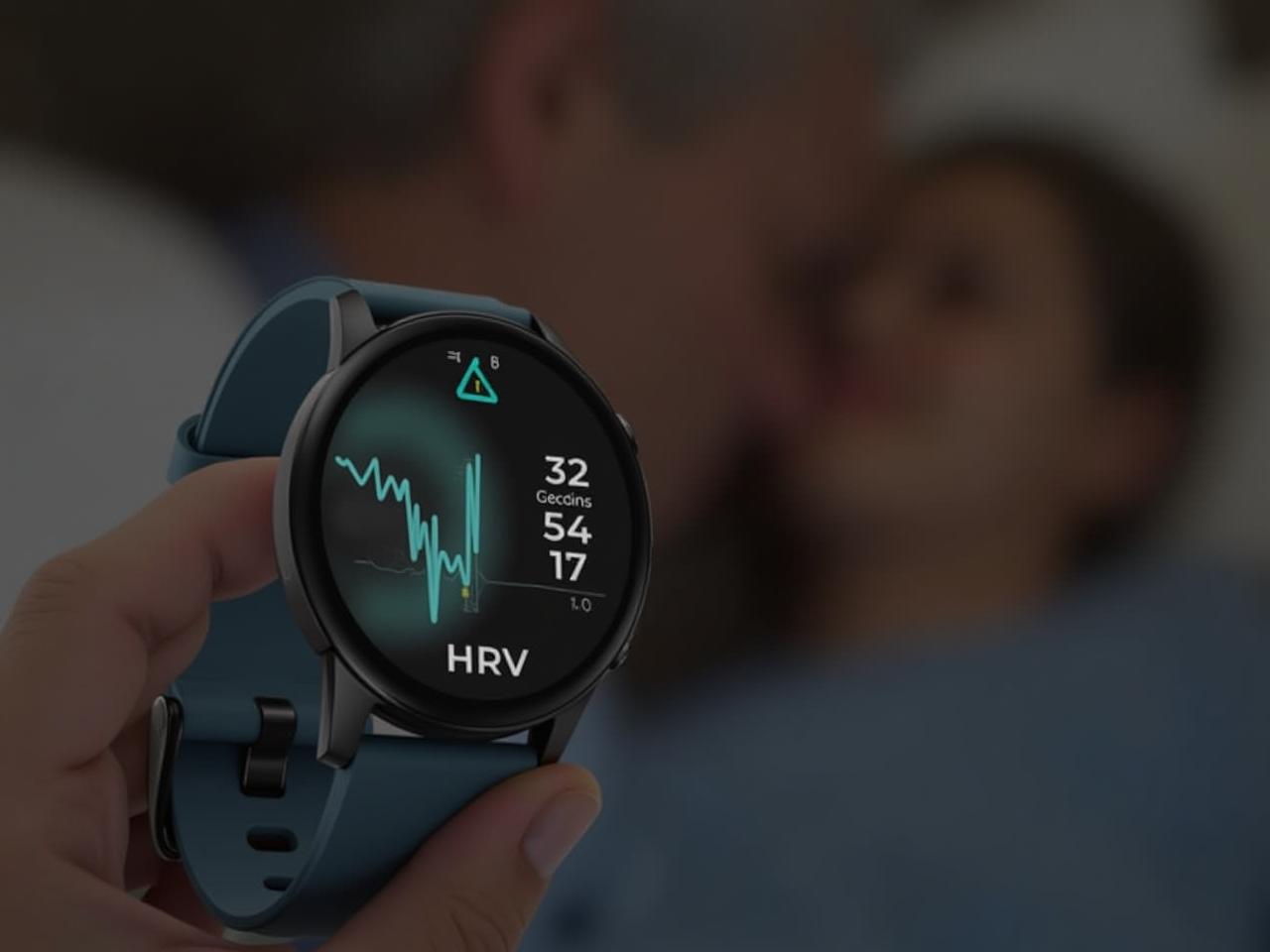 Close-up of a smartwatch displaying HRV data, highlighting the fluctuations between heartbeats. A background image shows a person sleeping peacefully.