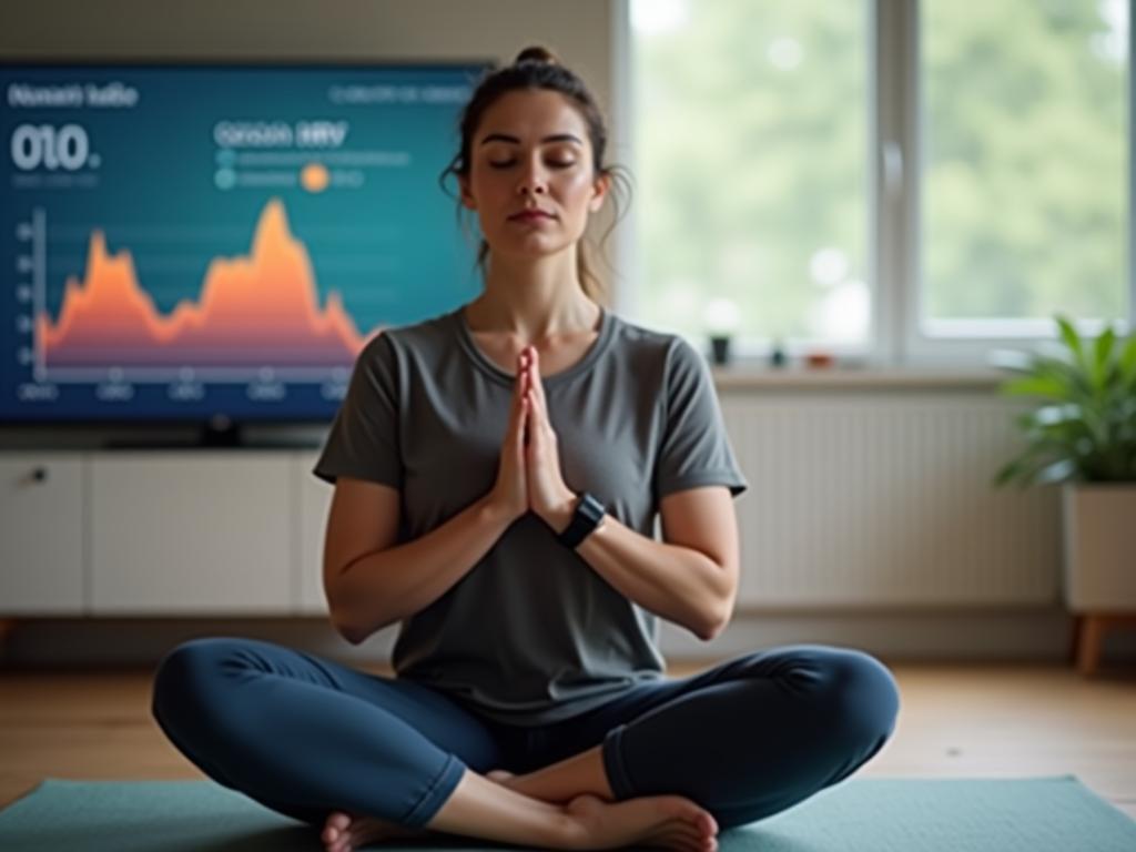 A person meditating while wearing a smartwatch, with graphs showing HRV and cortisol levels in the background.