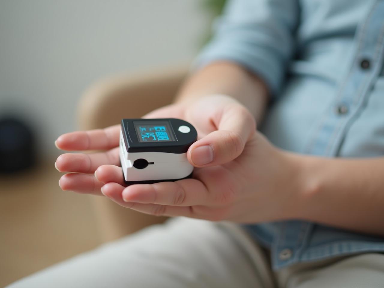 A hand using a pulse oximeter on a finger.