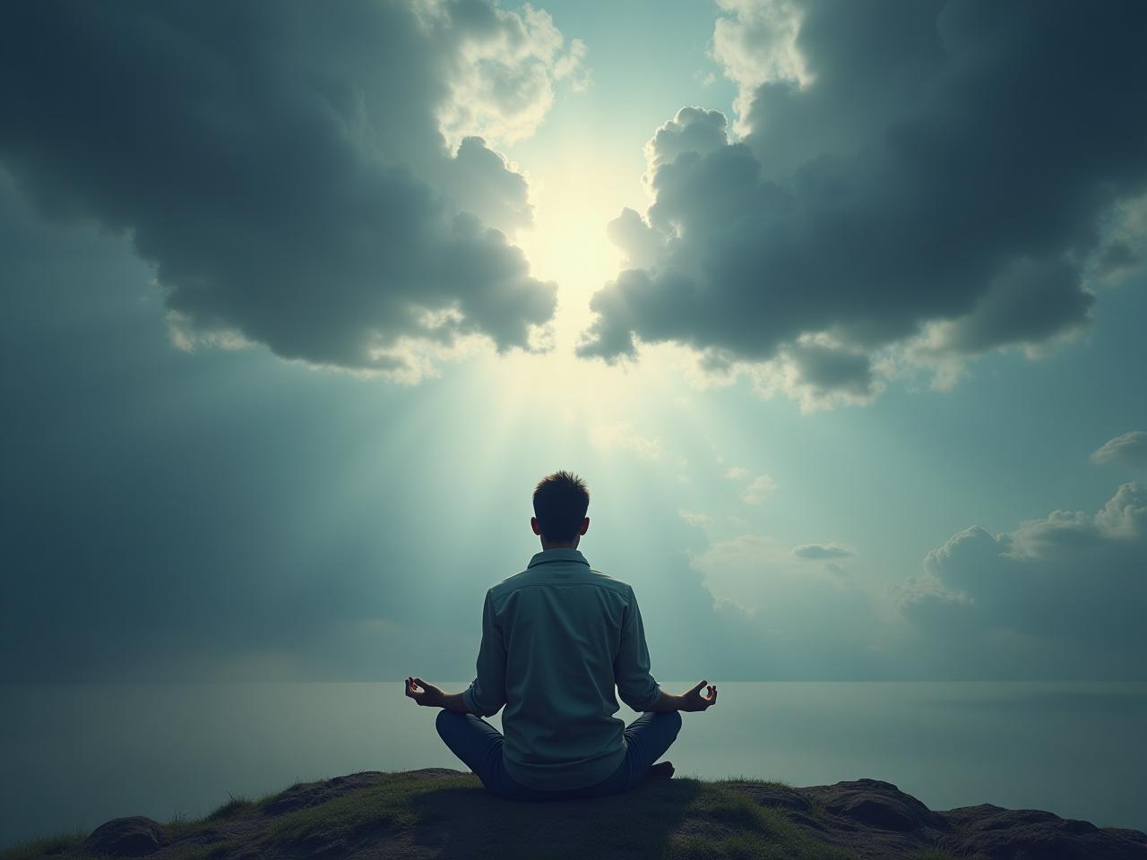 A person sitting in meditation, with storm clouds brewing in their mind, gradually clearing to reveal a peaceful landscape.