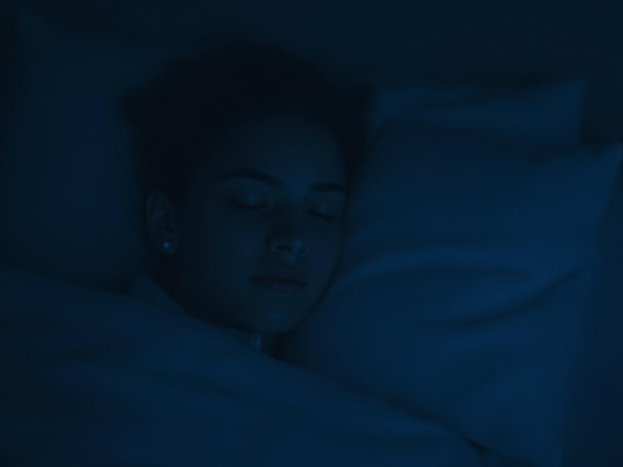 A calm person sleeping peacefully in a dark room with a gentle blue light, representing restful sleep and cortisol regulation.