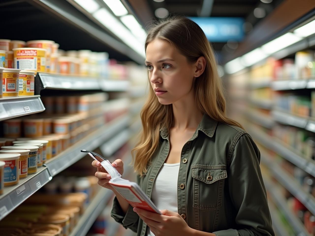 A person looking confused while reading nutrition labels on yogurt containers in a supermarket.