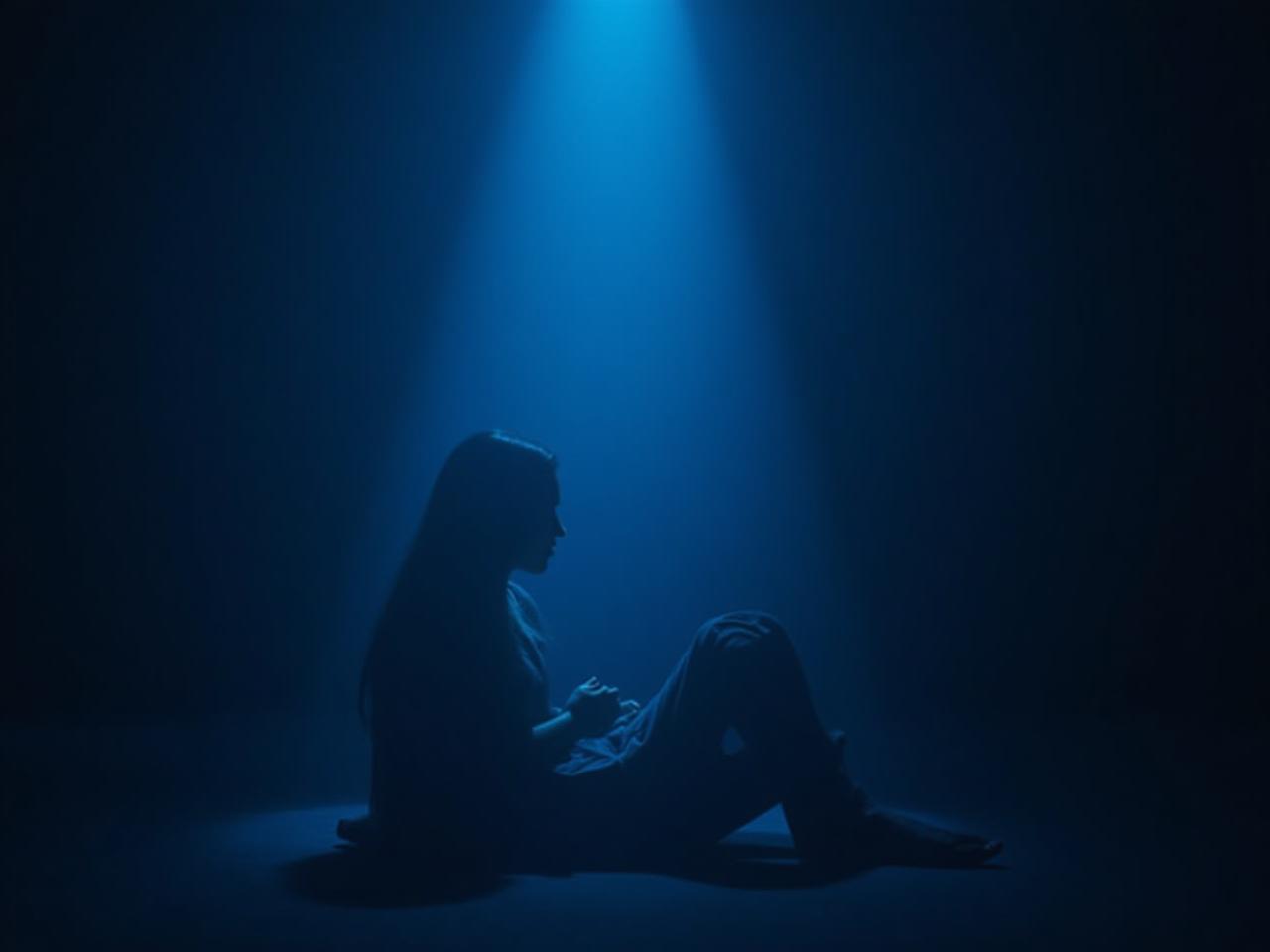 A person sitting in a dimly lit room, illuminated by a blue light, looking thoughtfully into the distance.
