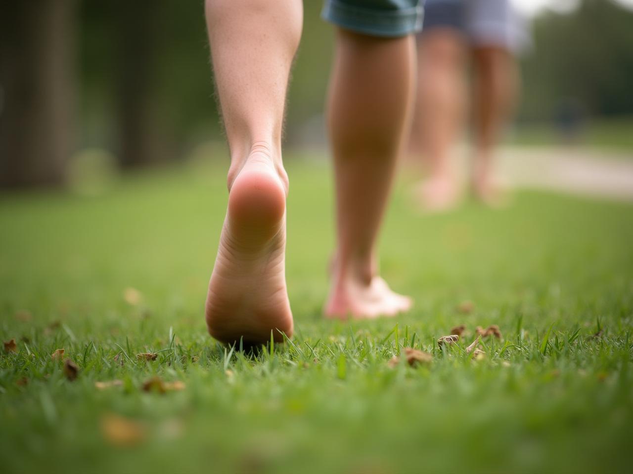 A person walking barefoot on grass in a natural environment, symbolizing the return to natural movement.
