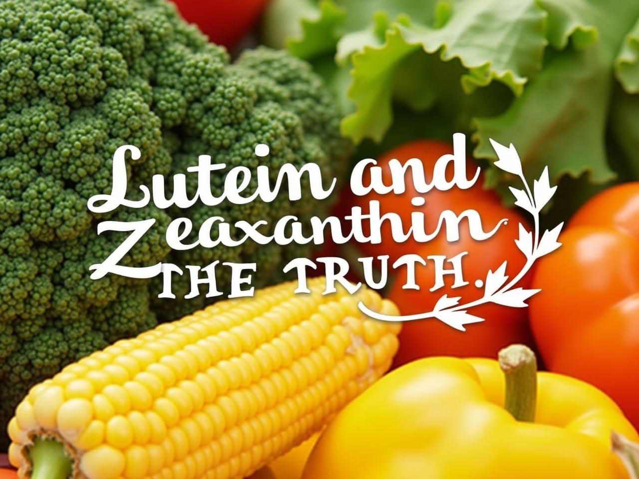 A close-up of colorful vegetables like spinach, kale, corn, and orange peppers, with text overlay: Lutein and Zeaxanthin: The Truth.