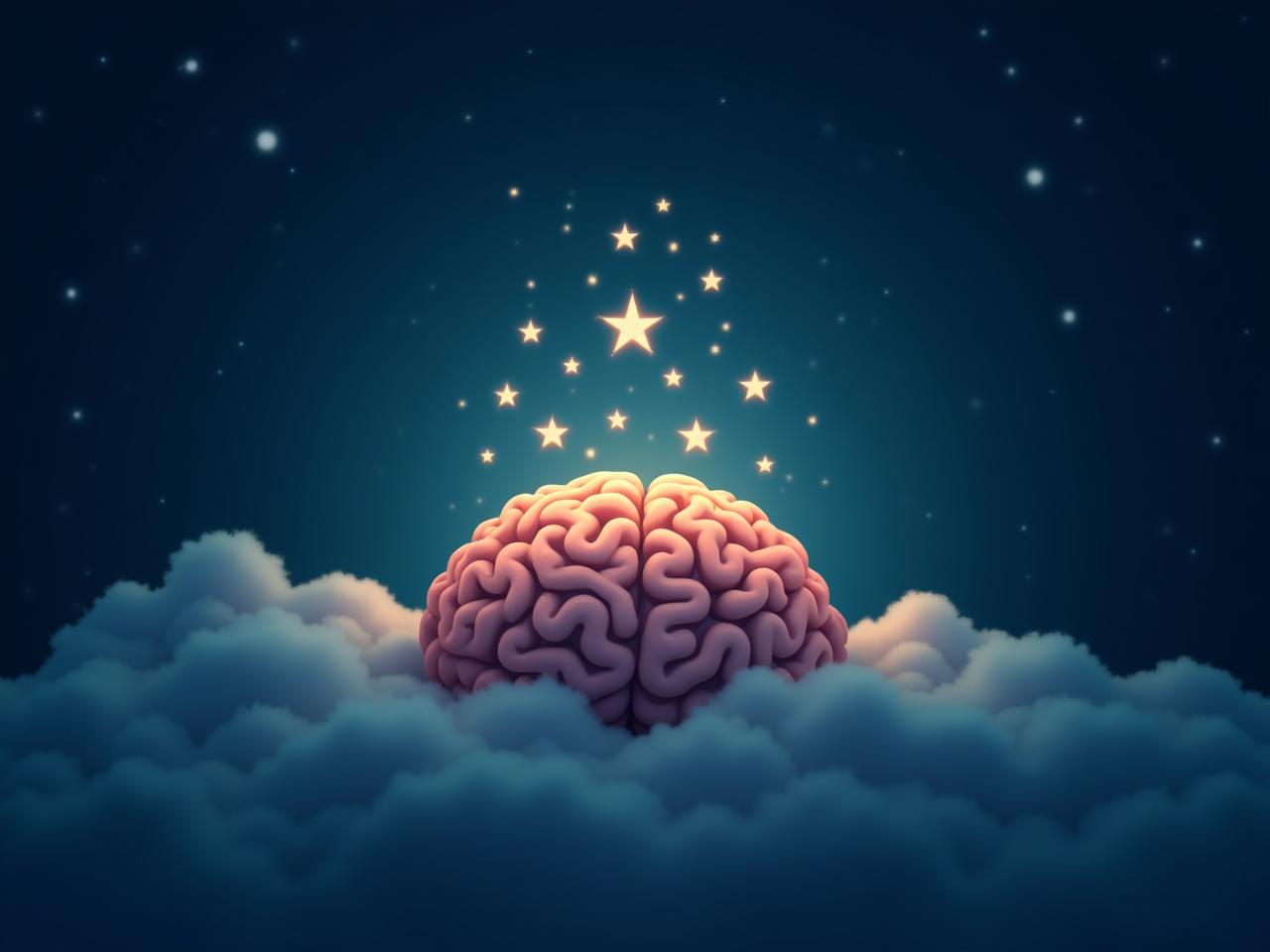A peaceful night scene with a brain resting and being cleaned by stars, symbolizing the brains detoxification process during sleep.