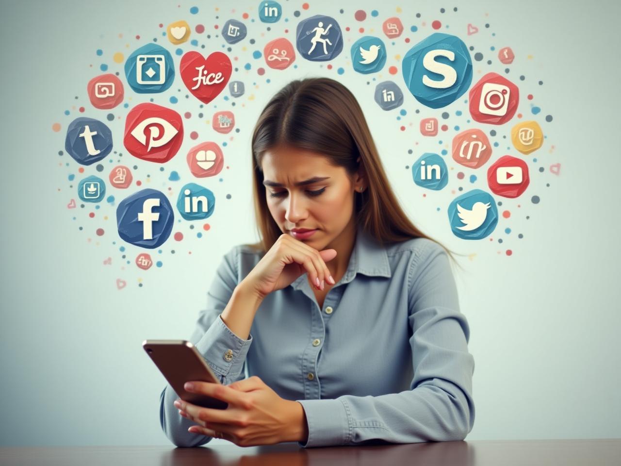 A person looking thoughtfully at their phone, surrounded by abstract representations of social media icons, suggesting the feeling of overwhelm and stress associated with constant online presence.