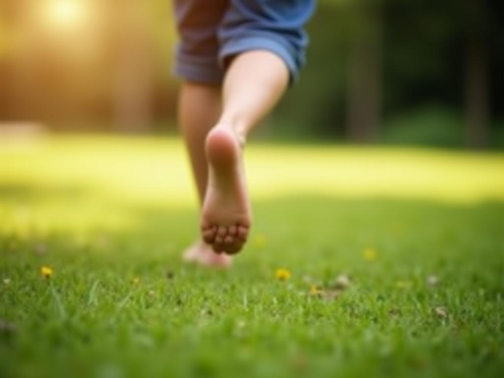 A person walking barefoot on grass in a natural environment, symbolizing natural movement and connection to nature.
