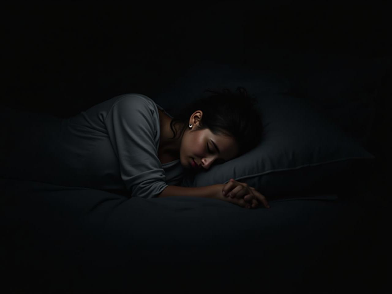 A person sleeping peacefully in a dark room.
